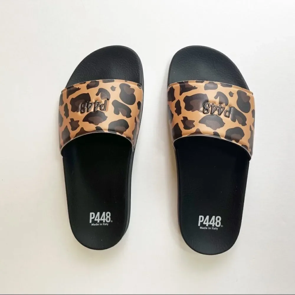 P448 Super Water Resistant Slide Sandal Women 37/6.5-7 Contoured Footbed Leopard